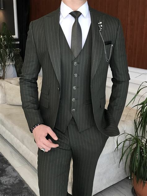 Green Slim Fit Peak Lapel Pinstripe Suit For Men By Bespokedailyshop