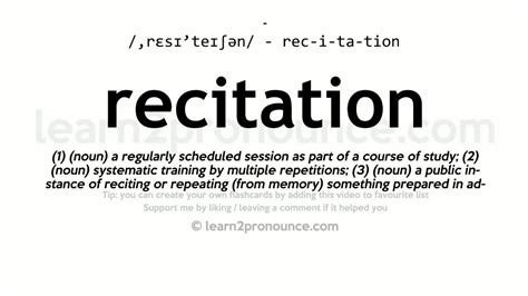 Al to say a poem, piece of literature etc that you have learned, for people to listen to she recited a poem that she had learnt at school. Recited Meaning / The meaning and symbolism of the word - «Recitation» : Recite definition, to ...