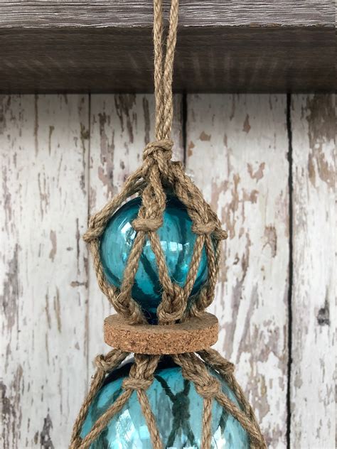 3 Aqua Glass Fishing Floats On Rope Light Blue Turquoise Buoy Balls