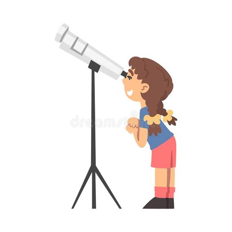 Curious Little Girl Observing Solar Planets With Telescope Studying