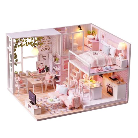 A miniature of a real house, so cute and beautiful. DIY Dollhouse Kit for Adults Miniatures Pink Loft Model ...