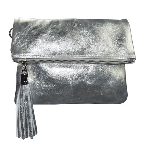 Ladies Soft Leather Metallic Silver Tassel Clutch Bag
