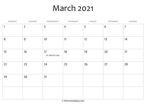 March 2021 Calendar Printable With Holidays Whenisholidaysnet