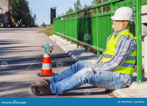 Road Construction Worker Sleep On The Bridge Stock Photo Image Of