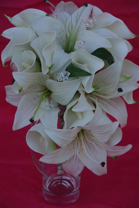 Artificial wedding bouquet, bride, bridal, silk, rose, lily, hydrangea display. White Tiger & Calla Lily Teardrop Bouquet with bling ...