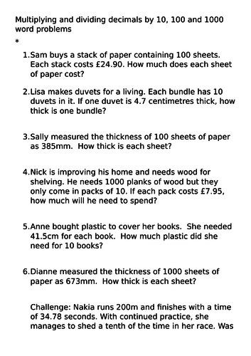 Translating words to multiplication or division problems. Multiplying Decimals By 10 100 And 1000 Worksheet Answers ...