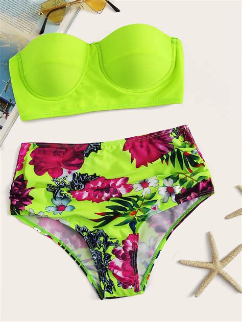 Halter Top With Floral Print High Waist Bikini Set With Images High