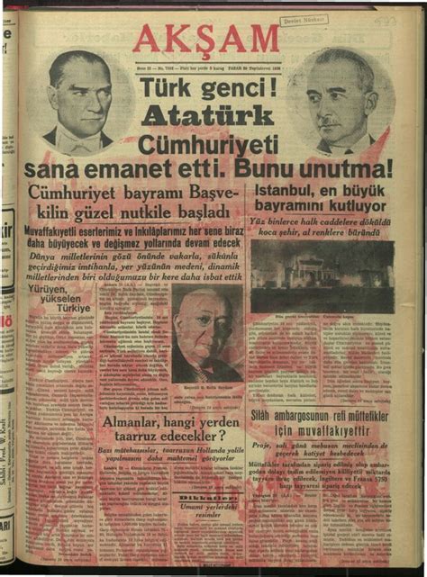 Atatürk süz ilk Cumhuriyet bayramı Akşam gazetesi 29 Teşrinievvel