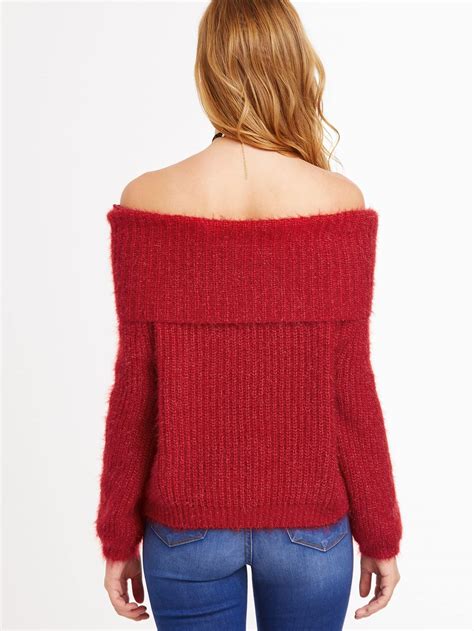 Red Off The Shoulder Foldover Sweater