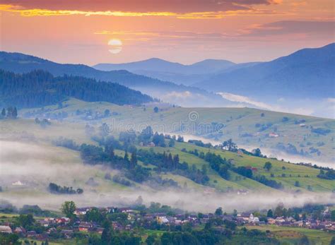 Foggy Summer Morning In Mountain Village Stock Image Image Of Light