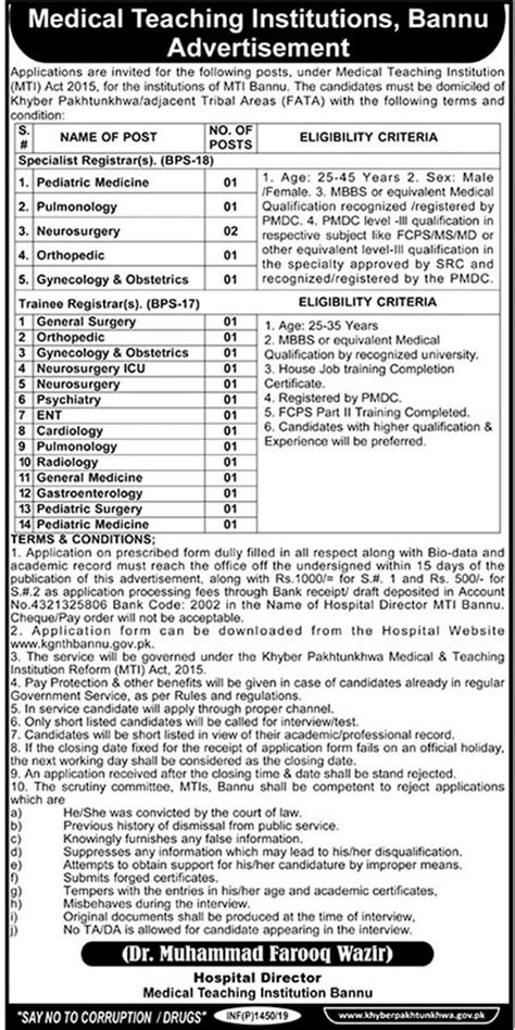Medical Teaching Institute Bannu Jobs 2019 For 20 Registrars And