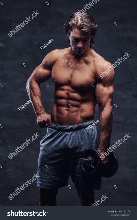 Attractive Shirtless Bodybuilder Doing Exercise Dumbbell Foto Stok