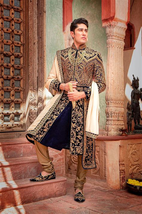 Navy Maharaja Style Sherwani Mongas