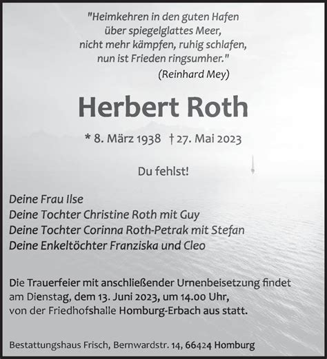 Traueranzeigen Von Herbert Roth Saarbruecker Zeitung Trauer De