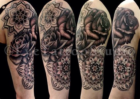 Pretty Half Sleeve Roses And Mandalas Design Mandala Design Tattoos