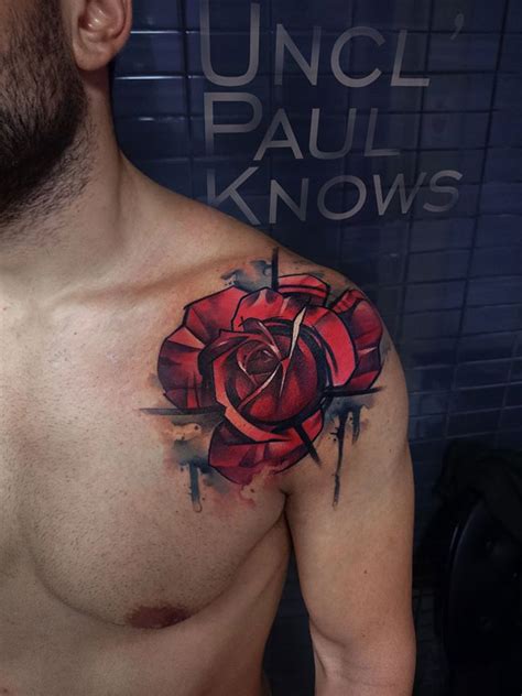 Red Rose On Guys Shoulder Best Tattoo Design Ideas