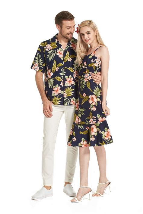 Premium Couple Matching Made In Hawaii Men Shirt And Women Elegant Ruffle Dress In Navy Pink