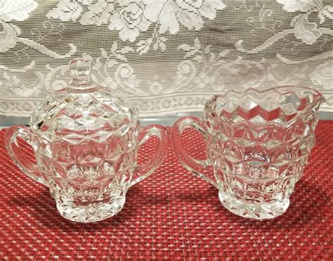 Vintage Depression Glass Diamond Pattern Clear Glass Sugar Bowl And Creamer Set Whitehall Clear
