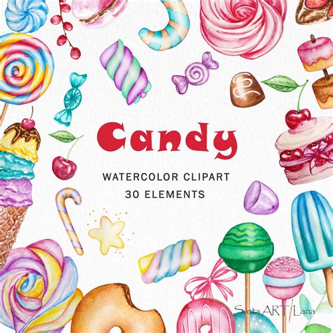 Candy Watercolor Clipart Rainbow Sweets Clip Art Chocolates Lollipop