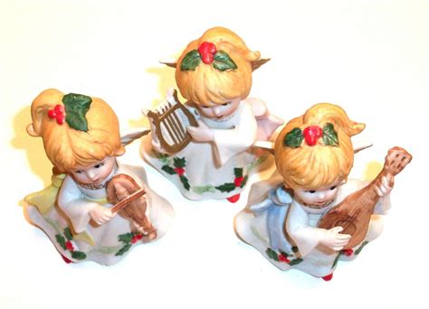 Vintage Homco 3 Piece Hand Painted Porcelain Musical Angel Figurines