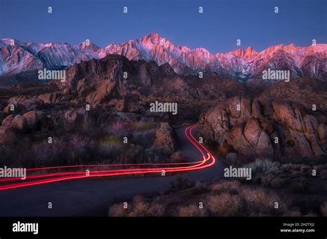 Colorful Light Trails Scenic Road With Beautiful Alpen Glow Touched