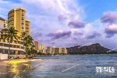 Colorful Sunset Reflections Waikiki Beach Swimmers Diamond Head Hotels