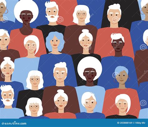 Elderly People Seamless Pattern As Concept Of Community Of Old Men And Women Flat Vector Stock