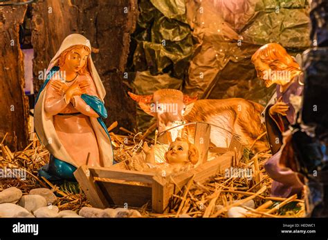 Christmas Nativity Scene Of Holy Baby Jesus In The Manger With Blessed