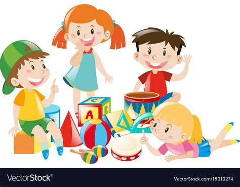 Four Kids Playing With Toys Royalty Free Vector Image