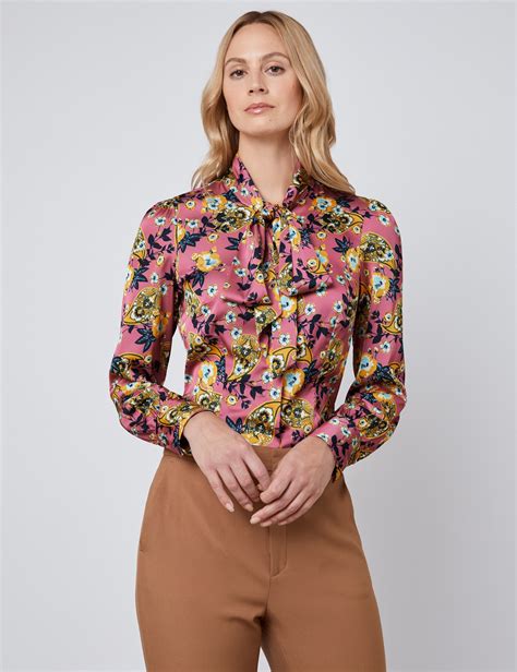 women s pink and yellow floral fitted satin blouse single cuff pussy bow hawes and curtis
