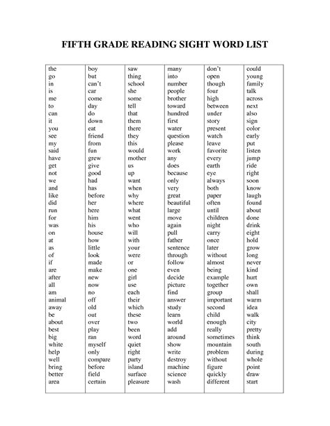 List Of Sight Words Fifth Grade Reading Sight Word List Sight Words