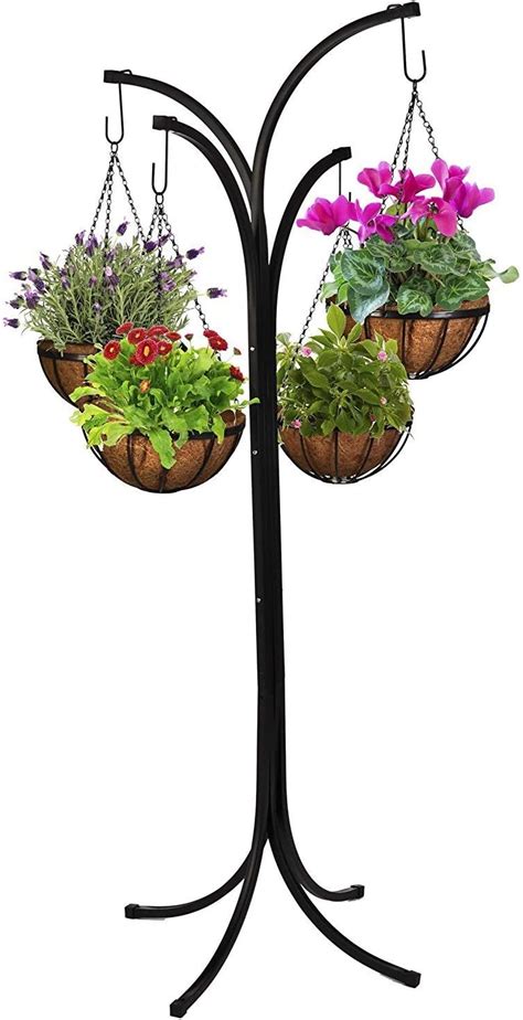 Garden 4 Arm Tree Cascade Hanging Baskets With Coco Liners Black Metal