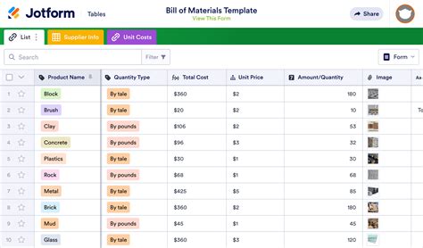 Bill Of Materials Template Jotform Tables