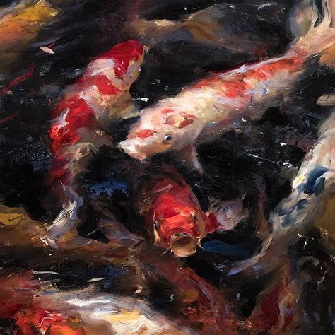 An Oil Painting Of Several Koi Fish Swimming In The Water One Is Red