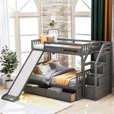 Twin Over Full Stairway Bunk Bed With Slide Upgrade Solid Wood Bunk