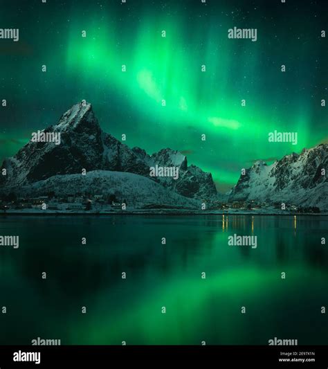 Northern Lights Over Lofoten Islands In Norway Wintertime Starry Sky
