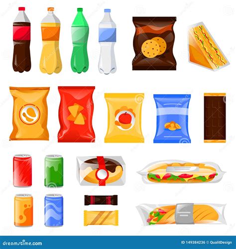 Snack And Fast Food Products Set Cartoon Meal And Drinks Vector