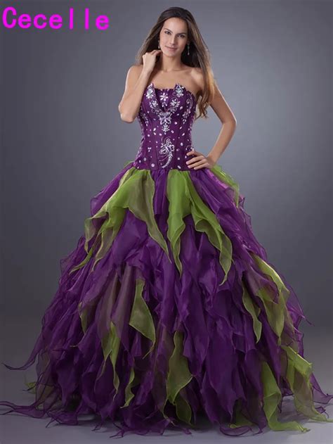 Purple Ball Gown Quinceanera Dresse Strapless Beaded Ruffles Organza Sweet 16 15 Princess