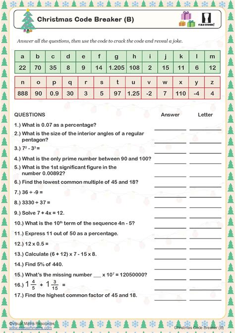 Christmas Code Breaker B Worksheet Cazoom Maths Worksheets