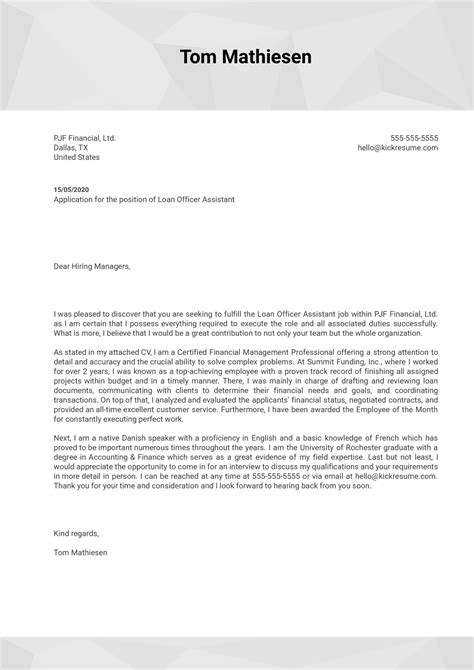 Many cover letters fail to mention either the job title or the name of the company. Loan Officer Assistant Cover Letter Sample | Kickresume