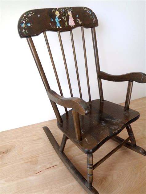 Vintage Dark Wood Childrens Rocking Chair Mid Century Hedstrom Oak