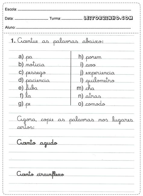 Atividades De Português Para 5º Ano Acentue As Palavras Educação E