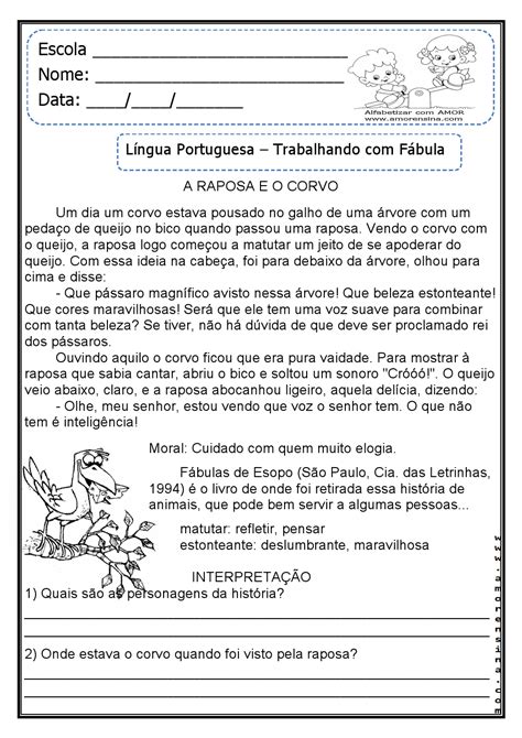 Atividades De Portugues 5 Ano Interpretação De Texto Fabula Texto Exemplo
