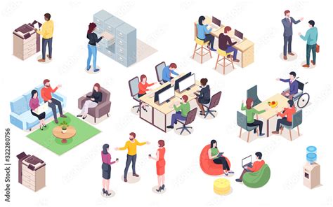 Set Of Vector Office Elements With People Isometric Coworking Or Open