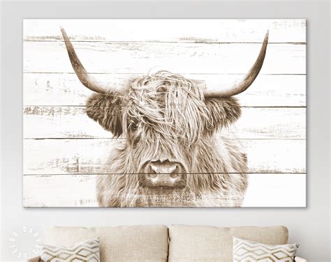 Highland Cow Sepia Canvas Print Highland Cow White Wood Etsy