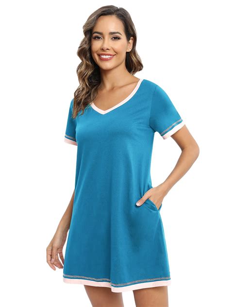 Efinny Womens V Neck Nightshirt Cotton Casual Sleepwear Short Sleeve Nightgown With Pockets S
