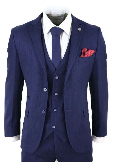 Mens Navy Blue 3 Piece Pinstripe Mafia Suit Happy Gentleman