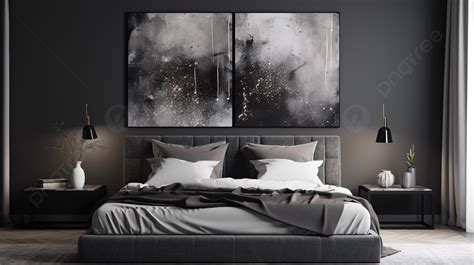 Contemporary Grey Bedroom Set With Big Artwork Against Dark Backgrounds