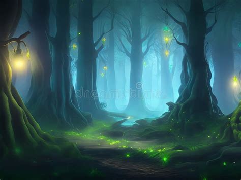 Fantasy Forest Scene With Shimmering Lights In The Evening Stock Photo