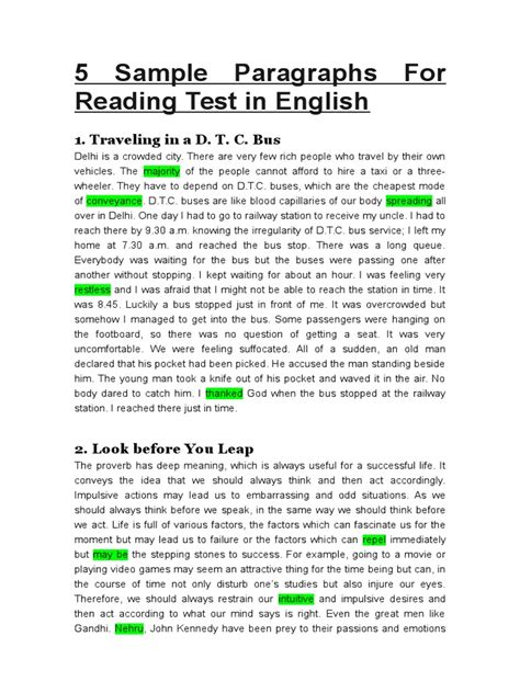 5 Sample Paragraphs For Reading Test In English Simple Living Bus